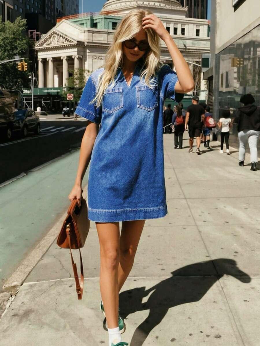 casual denim pocket straight loose dress