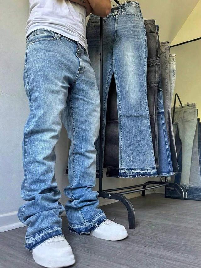 grey retro light blue washed distressed flared denim jeans