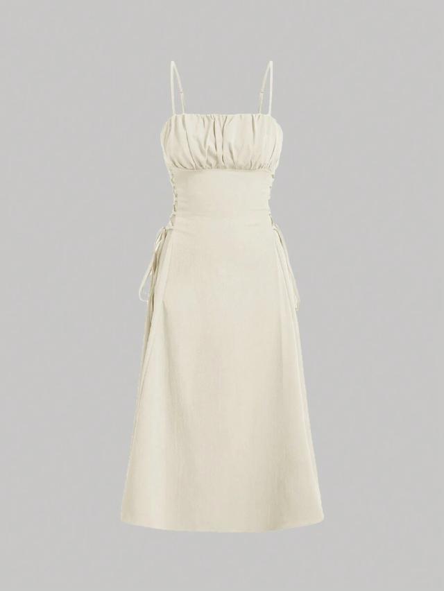 solid ruched bust lace up side cami dress