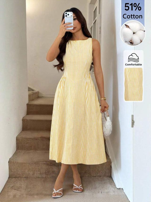 yellow and white striped sleeveless midi dress