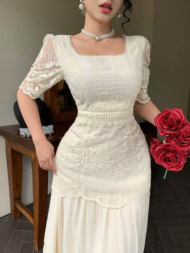 dazy women's contrast lace petal sleeve elegant long dress