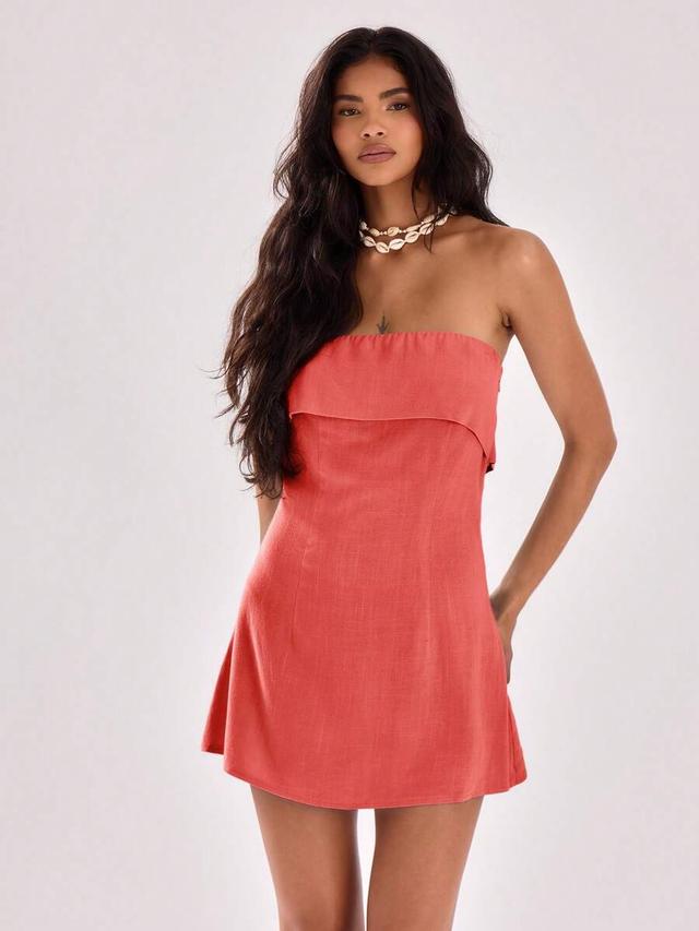 coral pink linen blend strapless swing mini dress
