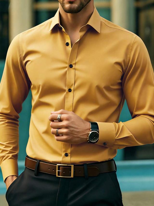 men's solid mustard yellow long sleeve button-up shirt