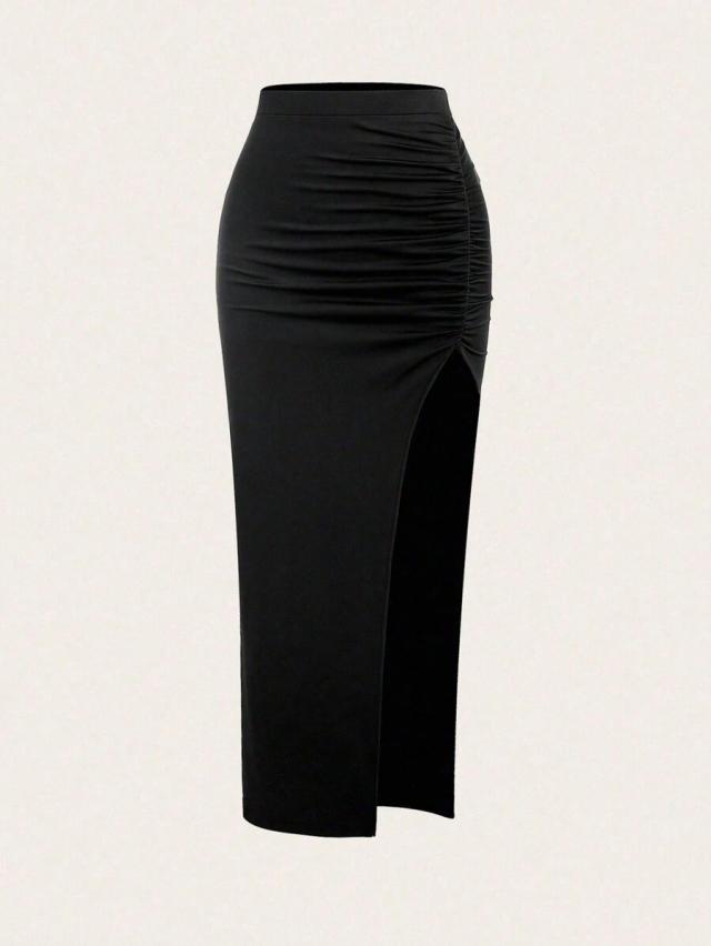 black high waist ruched slit midi skirt