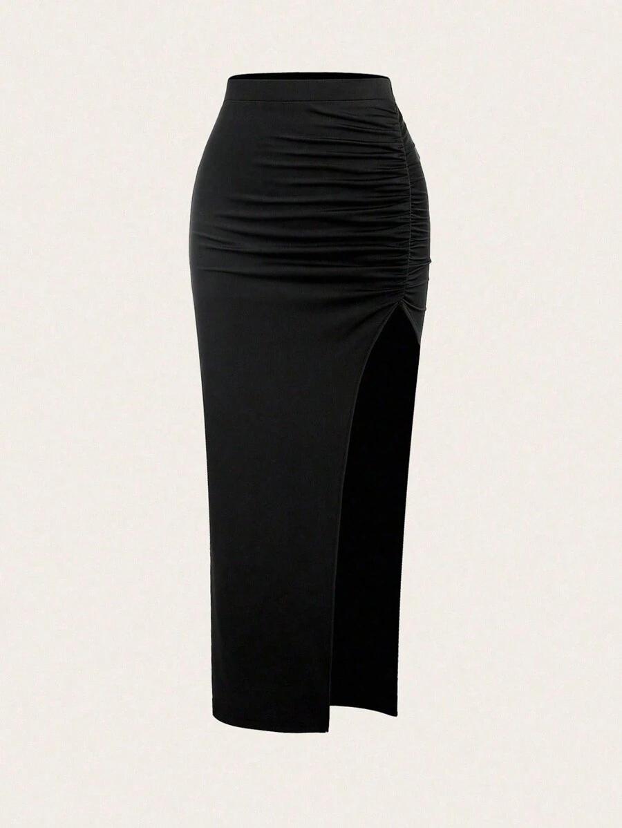 black high waist ruched slit midi skirt