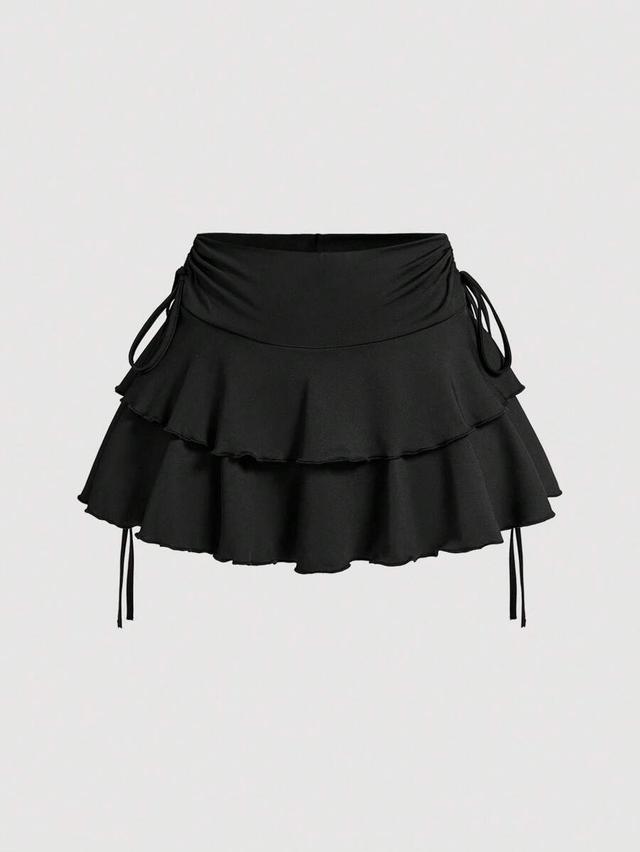 black drawstring tiered cake mini skirt