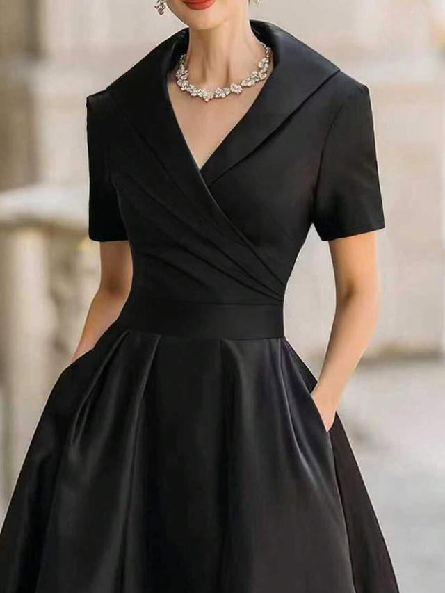 black satin wrap-style midi dress with structured collar