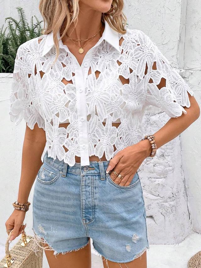 white floral hollow out short sleeve shirt