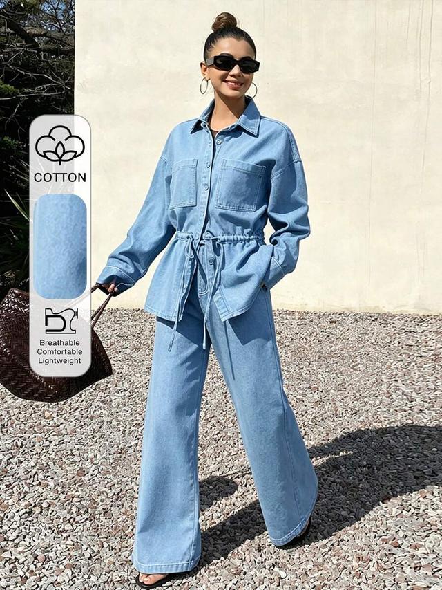 light wash denim shirt with matching wide-leg trousers