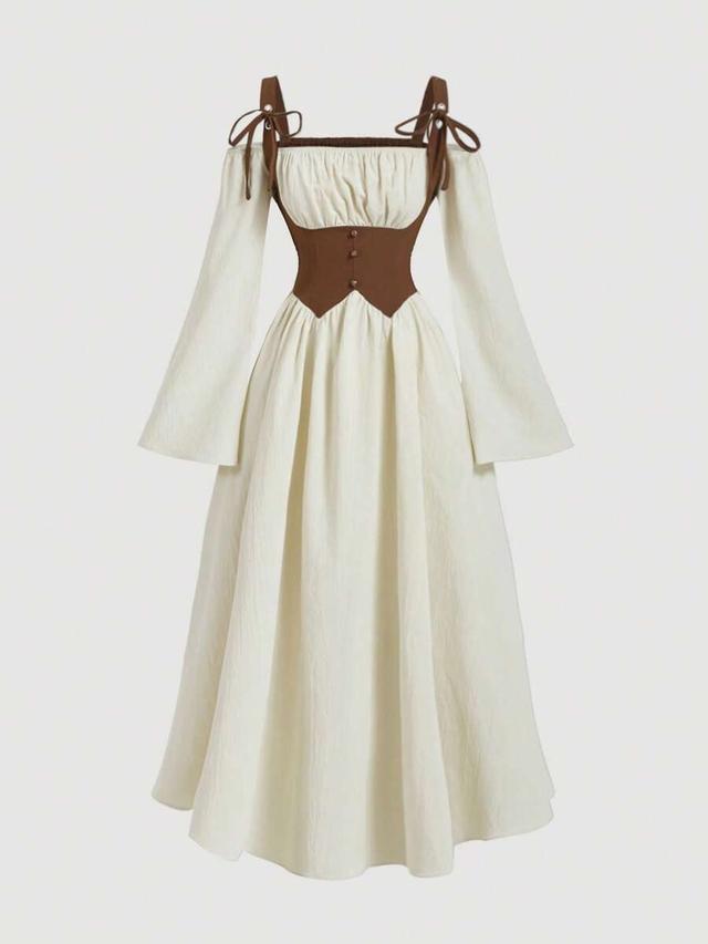 brown and cream cottage core tie front midi dress