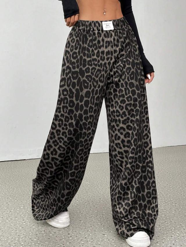 leopard print elastic waist wide leg trousers