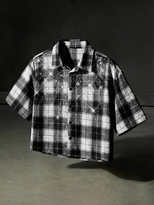 plaid short sleeve shirt with rhinestone decor