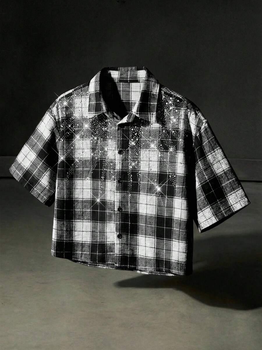 plaid short sleeve shirt with rhinestone decor