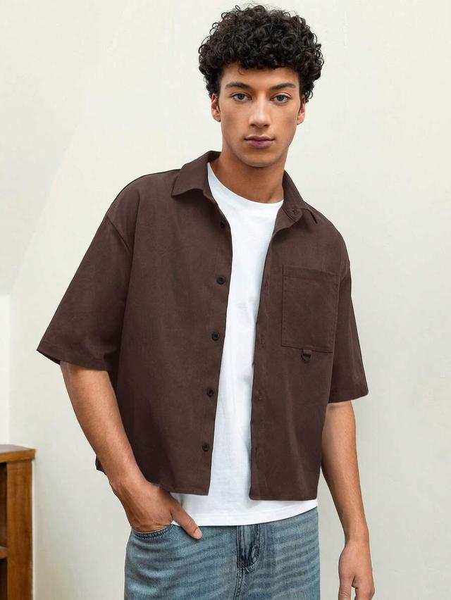 brown woven casual loose-fit short sleeve shirt