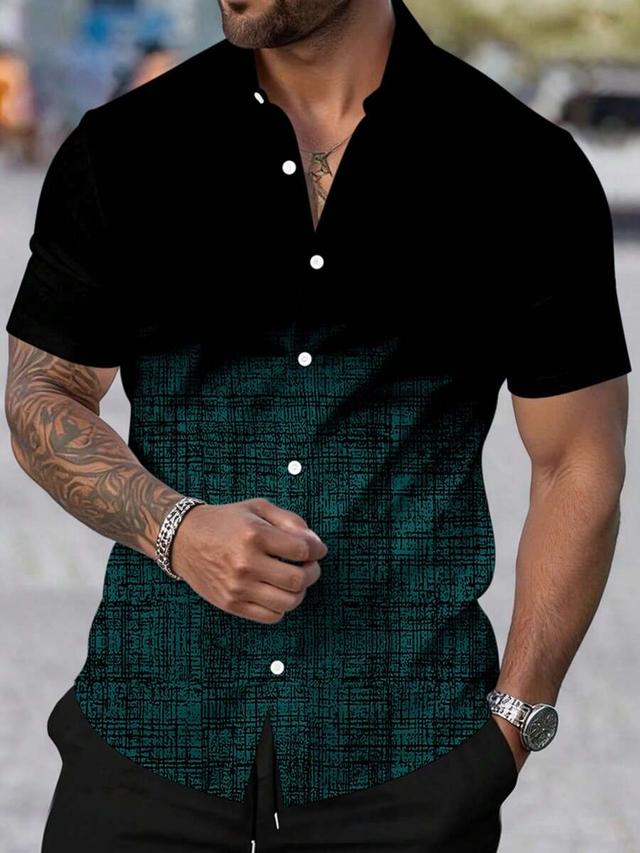 black and teal geometric jacquard camp collar shirt