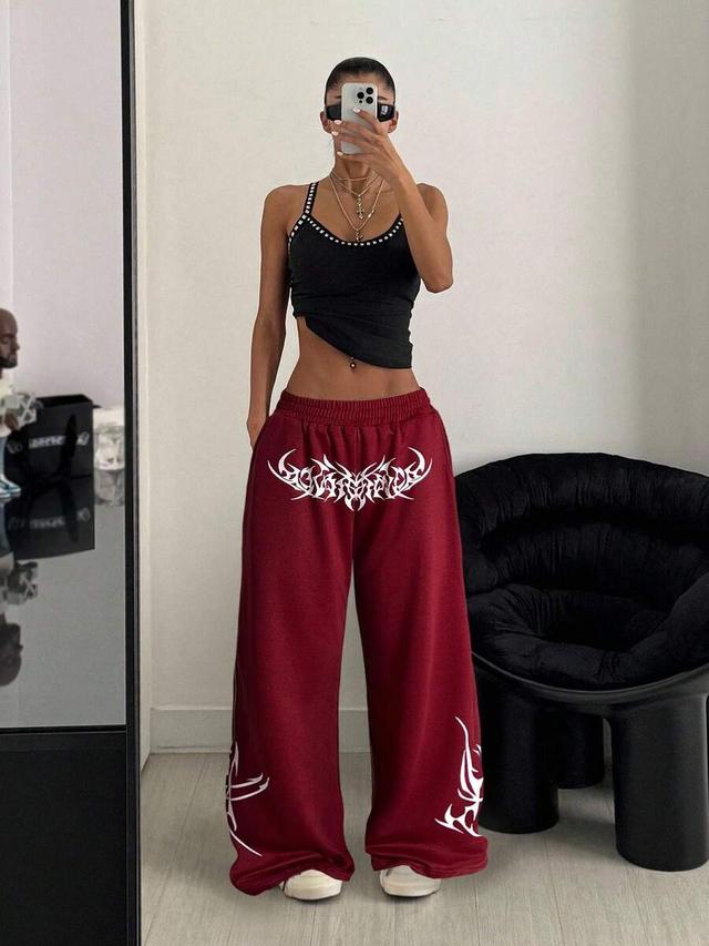 maroon gothic floral print loose straight leg sweatpants