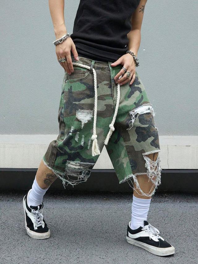 manfinity emrg camouflage pattern pocket distressed denim shorts