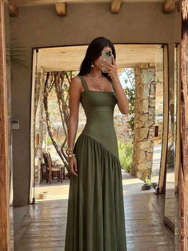 olive green ruched camisole maxi dress