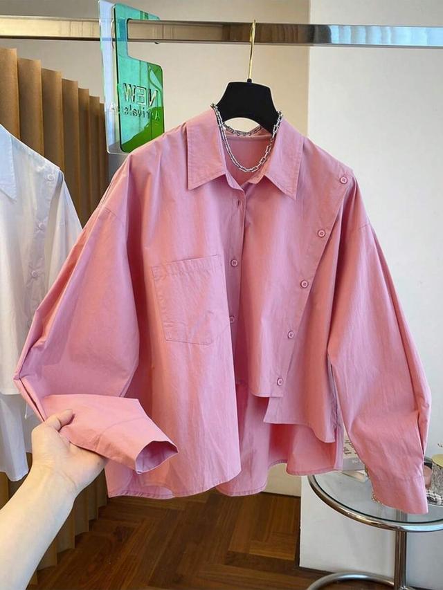 white women's unique asymmetric hem pink shirt