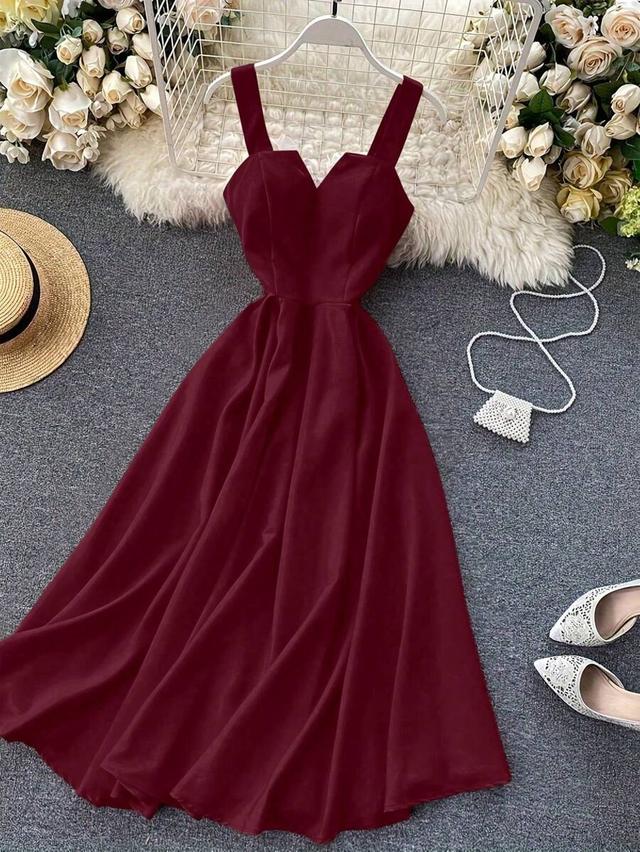 burgundy solid color spaghetti strap swing midi dress