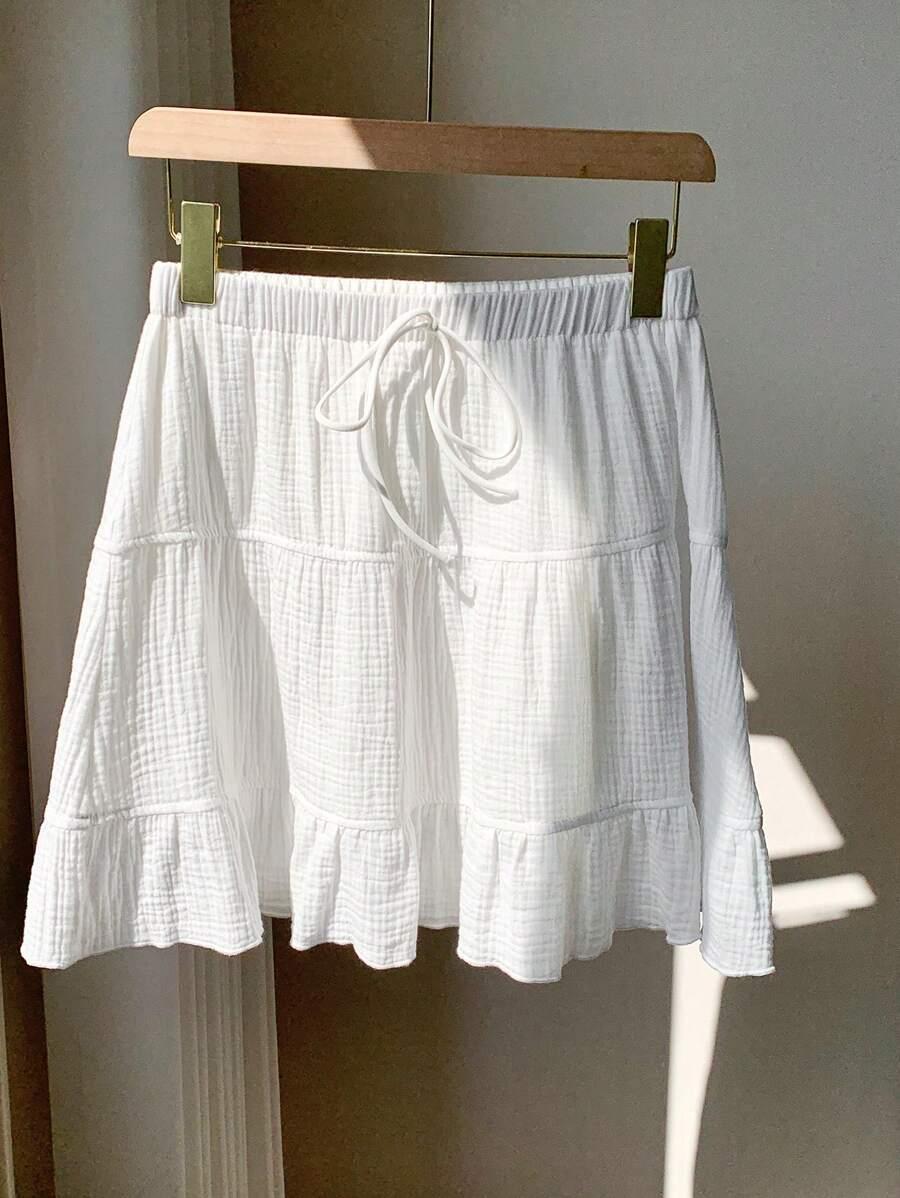 white cotton muslin tiered waist tie casual skirt