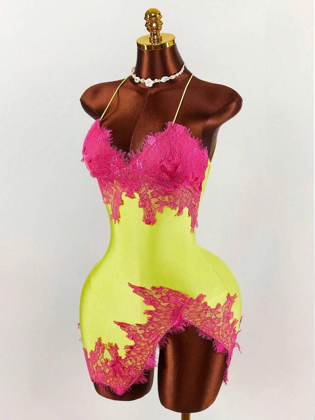 lime green lace patchwork mini camisole dress