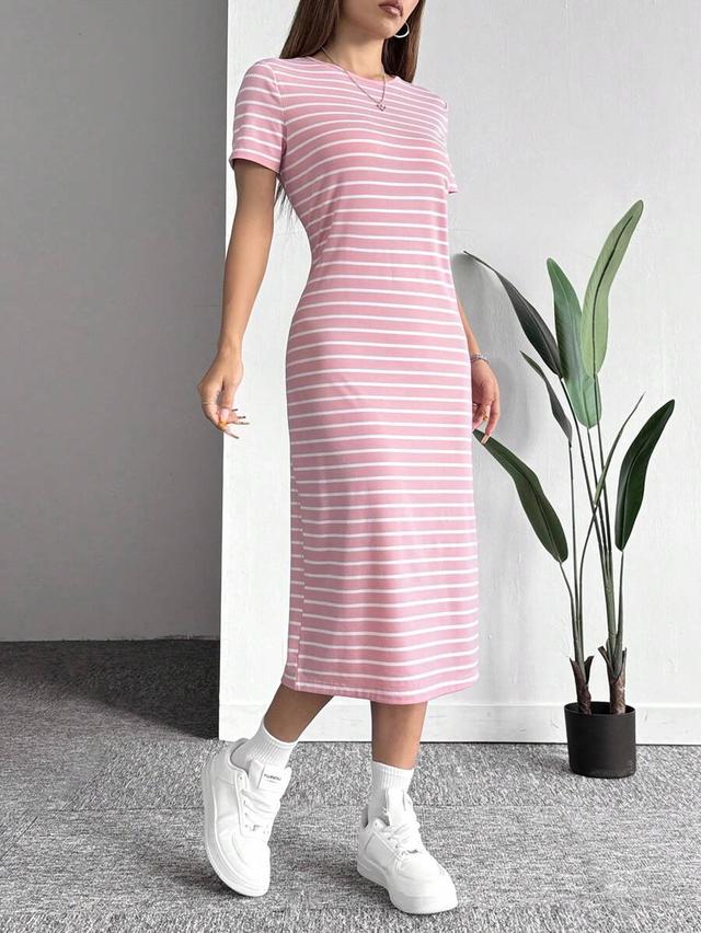 pink and white striped cotton jersey midi dress