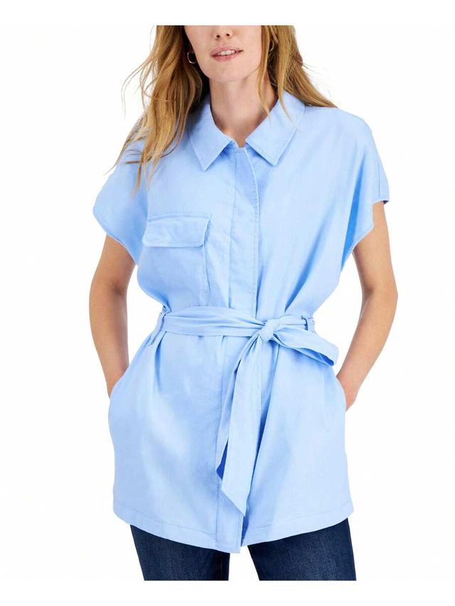 light blue belted zip front utility jacket