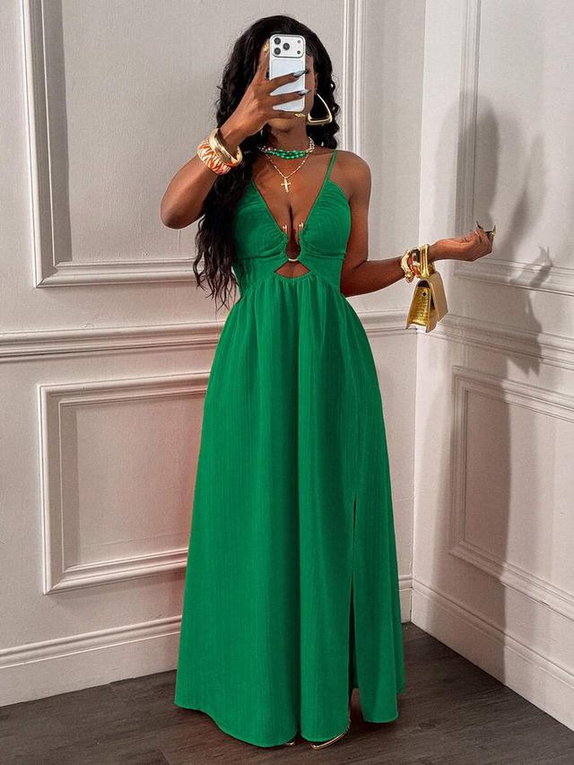 green spaghetti strap backless criss-cross hollow maxi dress