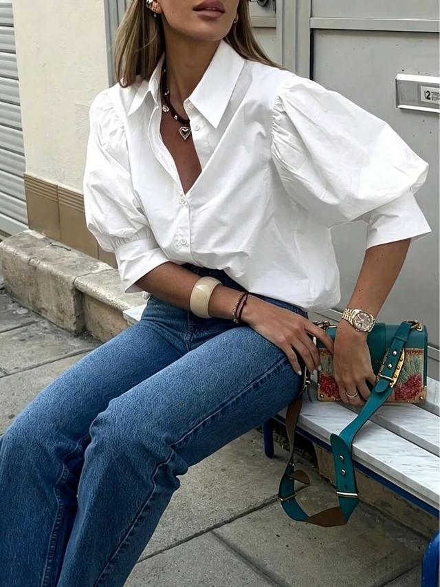 women's solid white mid-sleeve puff sleeve blouse