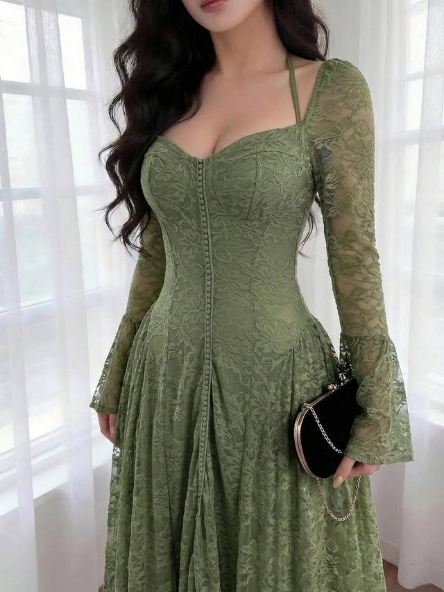 feyla women's sweetheart neck flare sleeve lace midi dress