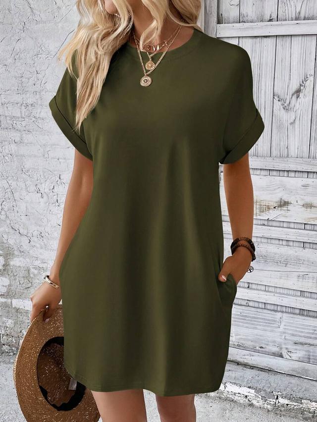 olive green cotton shift dress with rolled sleeves