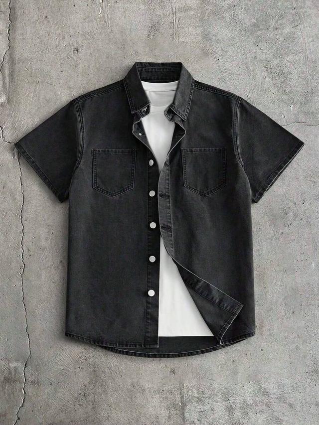 washed black grey short sleeve denim shirt