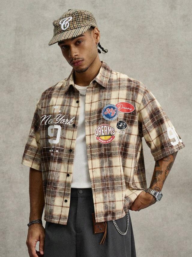 mens retro plaid letter print short sleeve shirt