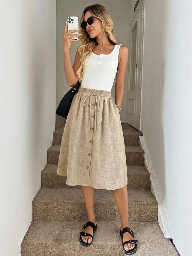 khaki casual a-line vacation skirt with button front