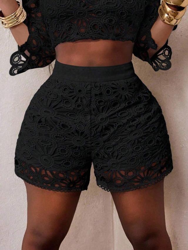 black floral hollow lace high-waisted shorts