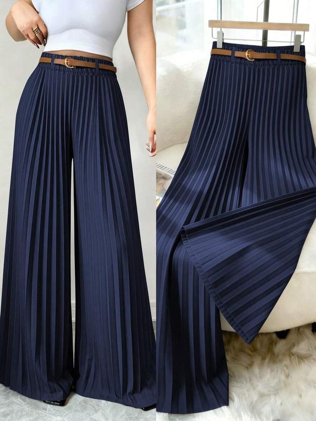 navy blue pleated wide leg casual trousers