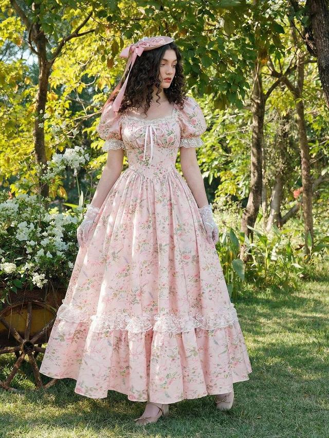 pink floral lace ruffle puff sleeve maxi dress