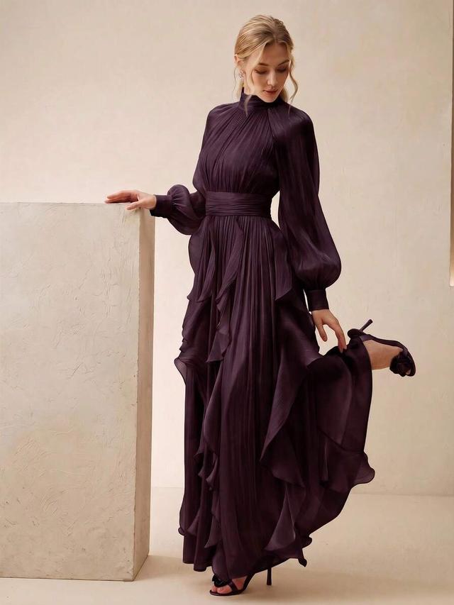 elegant deep purple long sleeve pleated halter dress