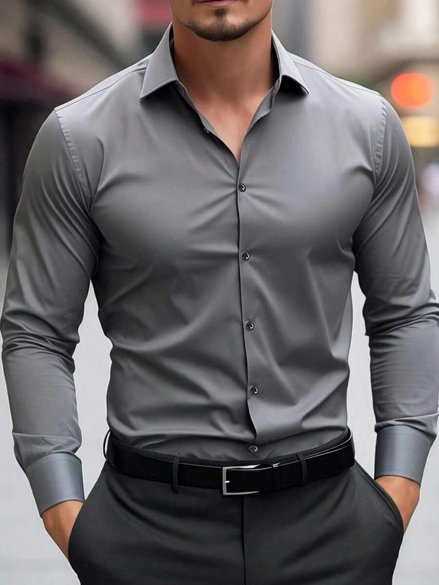 men's formal business long sleeve solid grey dress shirt