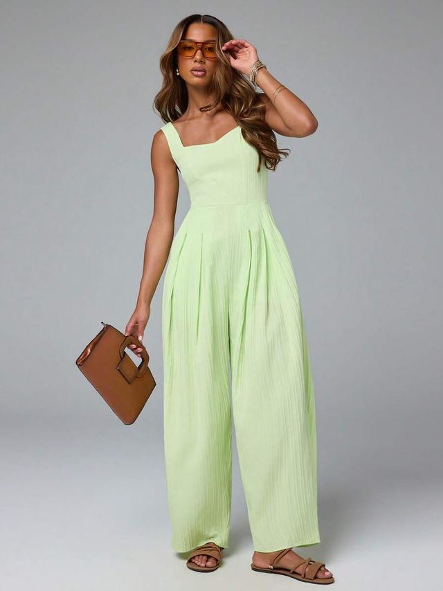light green sleeveless sweetheart neck pleated wide leg jumpsuit