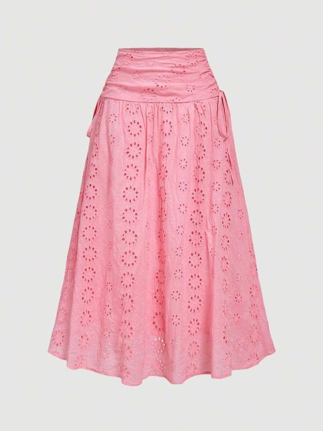 light pink eyelet embroidered midi a-line skirt