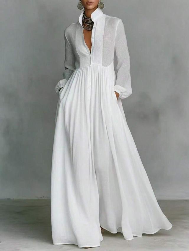white button-down maxi dress with gathered skirt