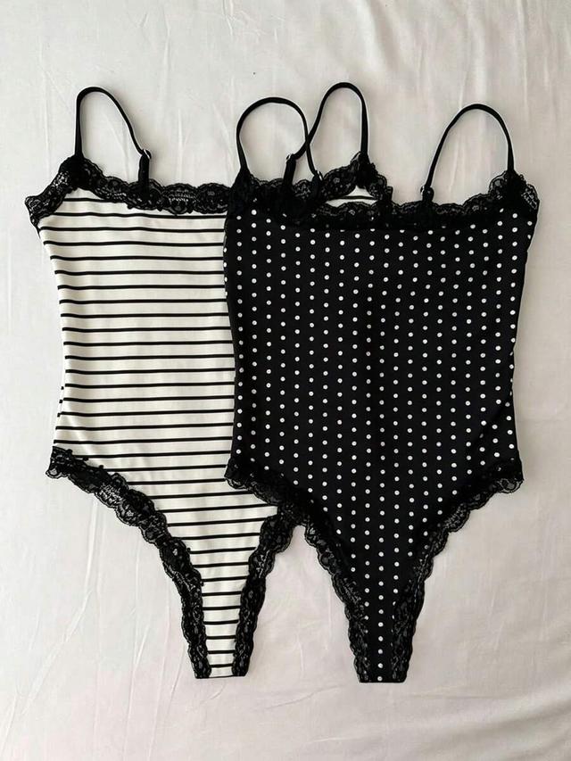 black and white polka dots polka dot lace trim camisole bodysuit