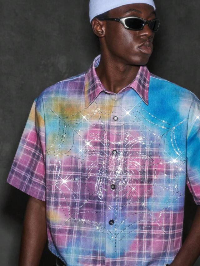 neon blanc rhinestone printed plaid denim shirt