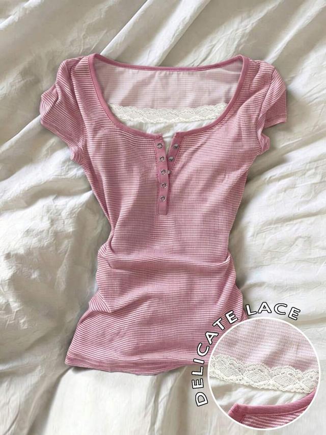 pink striped short sleeve lace trim henley top