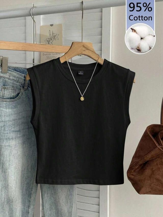 black cotton round neck sleeveless cropped tank top