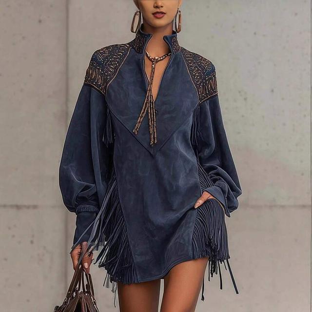 vintage western beaded fringe stand collar mini dress