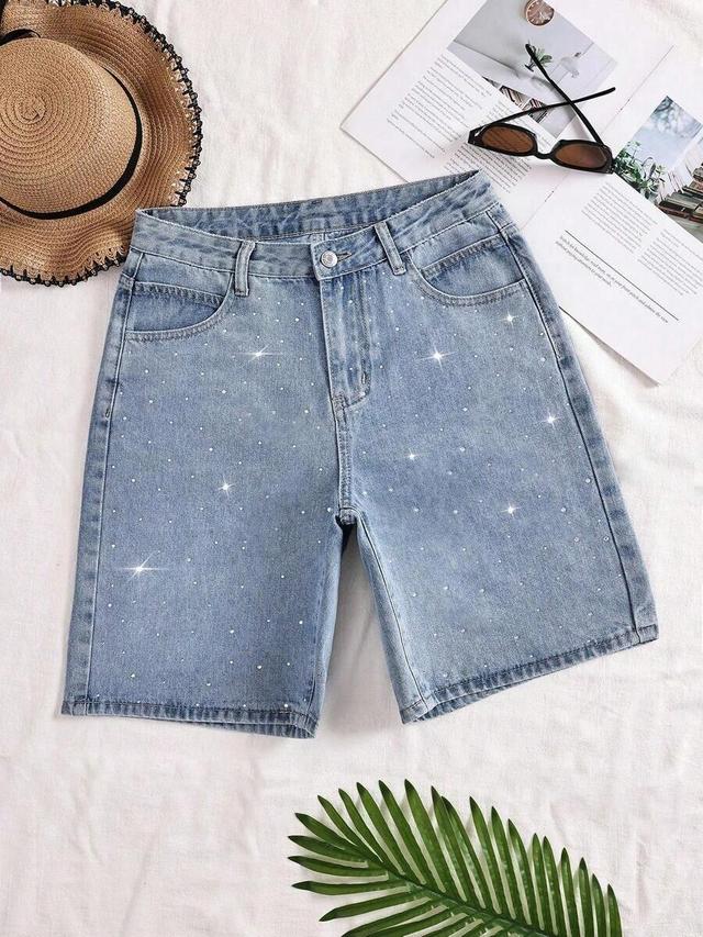 light blue rhinestone embellished washed straight leg denim shorts