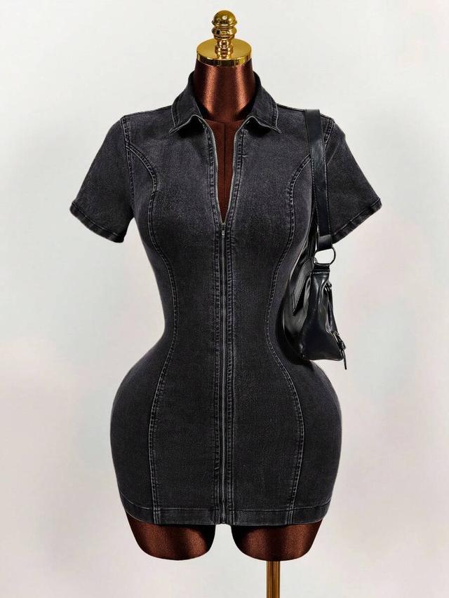 black denim zip-front fitted mini dress